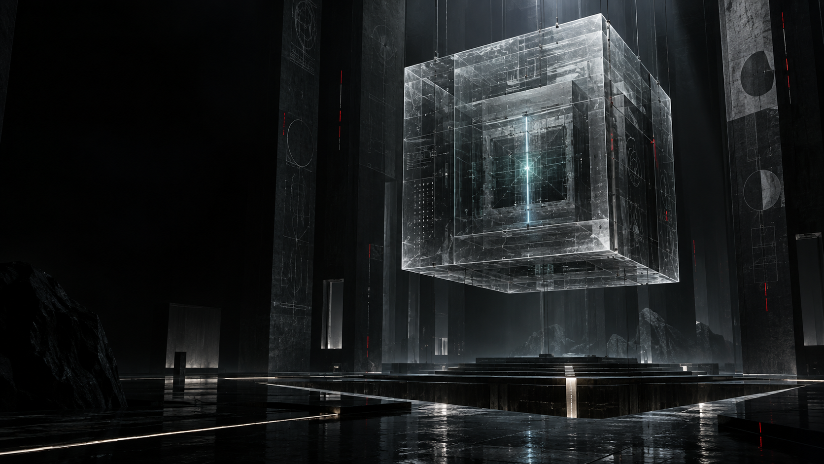 A suspended glass archive vault in a monumental dark chamber